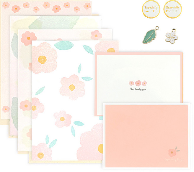 리드홈 파스텔 예쁜 편지봉투 2p + 편지지 4p + 팬턴트 2p + 스티커 2p + 실사리띠 2p 세트, 피치핑크, 1세트