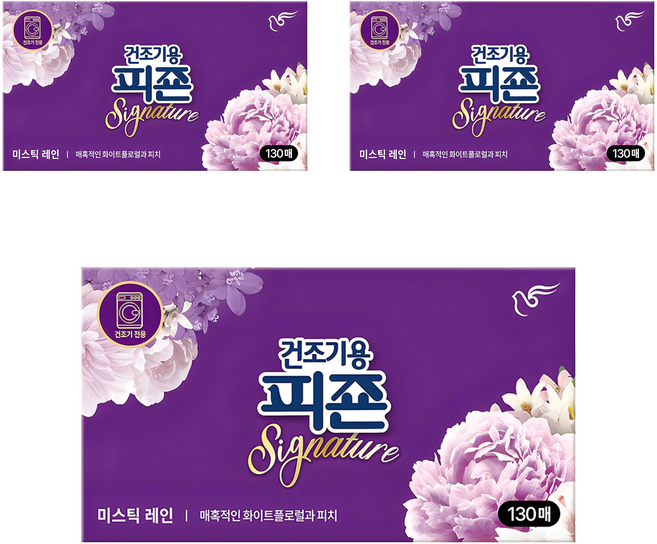 피죤 건조기용 시그니처 시트 섬유유연제 미스틱레인 본품, 130매, 3개