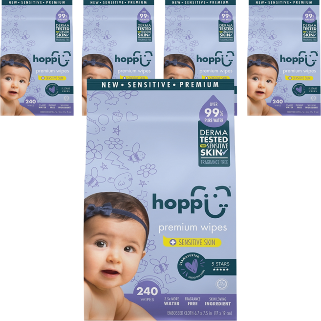 hoppi 嬰兒純水濕紙巾 低敏升級版 口手適用 80張, 240張, 5袋