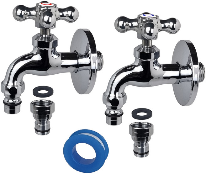 BK 다용도 십자 커플링 가로 수도꼭지 온수 + 냉수 + 테프론테이프 세트 모로82, 1세트