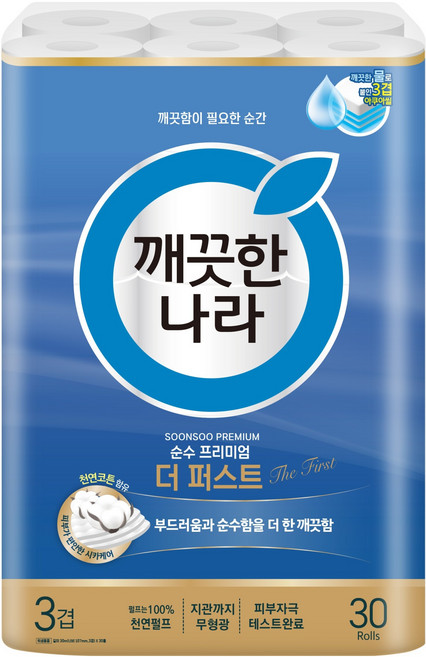 깨끗한나라 순수 프리미엄 더 퍼스트 천연펄프 3겹 고급롤화장지, 30m, 30개입, 1개