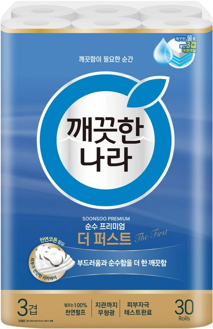 깨끗한나라 순수 프리미엄 더 퍼스트 천연펄프 3겹 고급롤화장지, 30m, 30개입, 1개 - 쿠팡