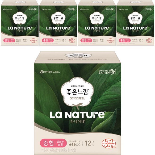 라네이처 좋은느낌 울트라슬림 생리대 날개형, 중형, 12개입, 5개
