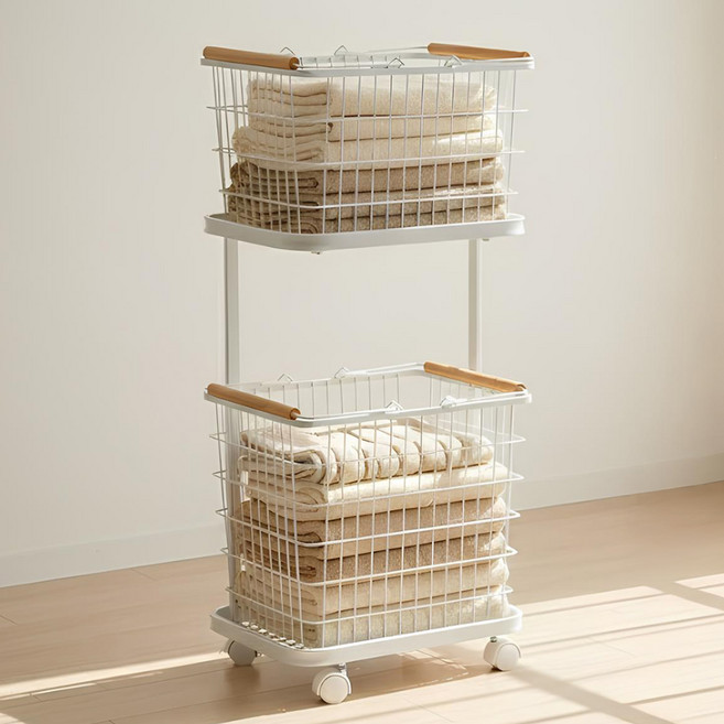 팬물산 이지라이프 이동식 2단 스퀘어 철제 빨래바구니, 화이트