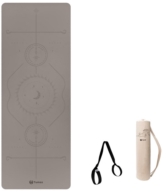 Tumaz 月熊 PU + NR天然橡膠瑜珈墊 附背帶 + 貓咪束口袋, 摩卡棕, 1組