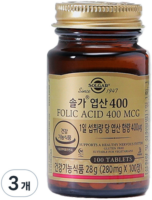 SOLGAR 葉酸錠 400mcg, 100片, 3個