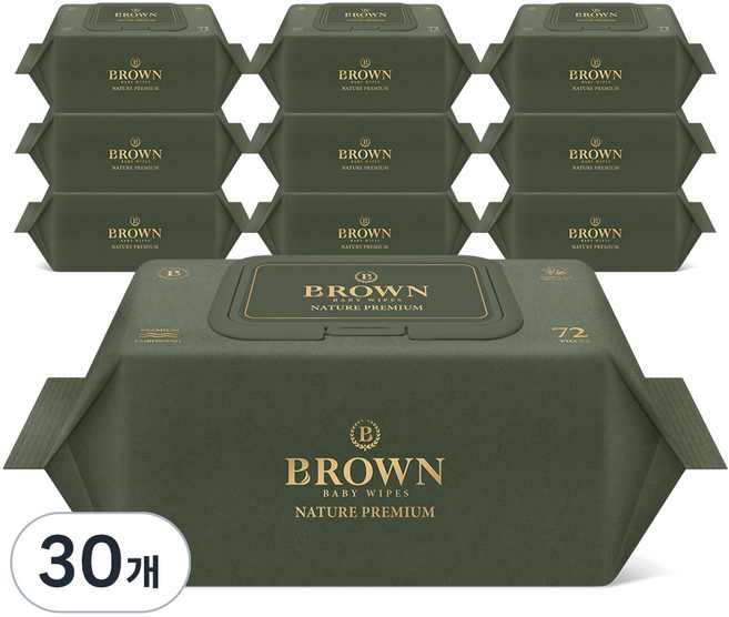 브라운 네이처 프리미엄 도톰한 아기 물티슈 엠보싱 저자극 캡형, 75g, 72매, 30개