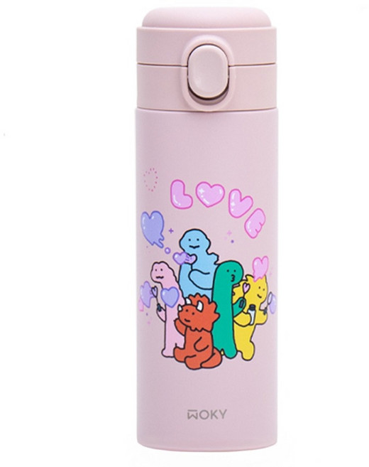 WOKY 沃廚 JOGUMAN meets WOKY 輕芯鈦瓷彈蓋保溫瓶 粉紅泡泡, 450ml, 粉色, 1個