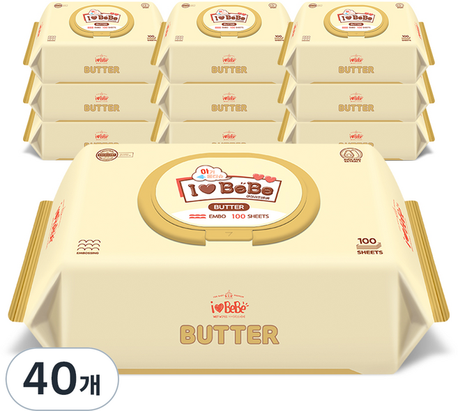 아이러브베베 유아용 엠보싱 버터 아기물티슈 캡형, 52g, 100매, 40개
