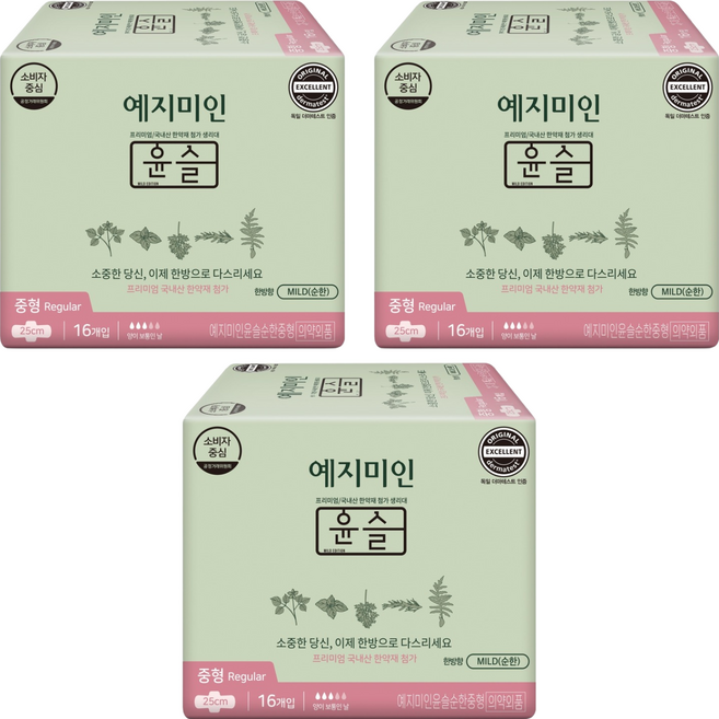 예지미인 윤슬 순한 생리대 날개형, 중형, 16개입, 3개