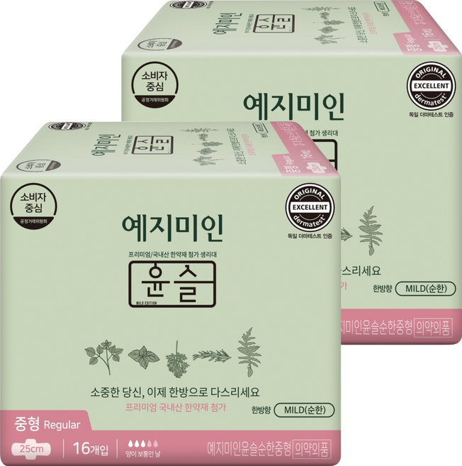 예지미인 윤슬 순한 생리대 날개형, 중형, 16개입, 2개