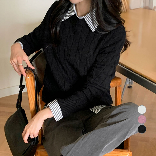 afinar 女款基本版型圓領柔軟觸感麻花針織衫