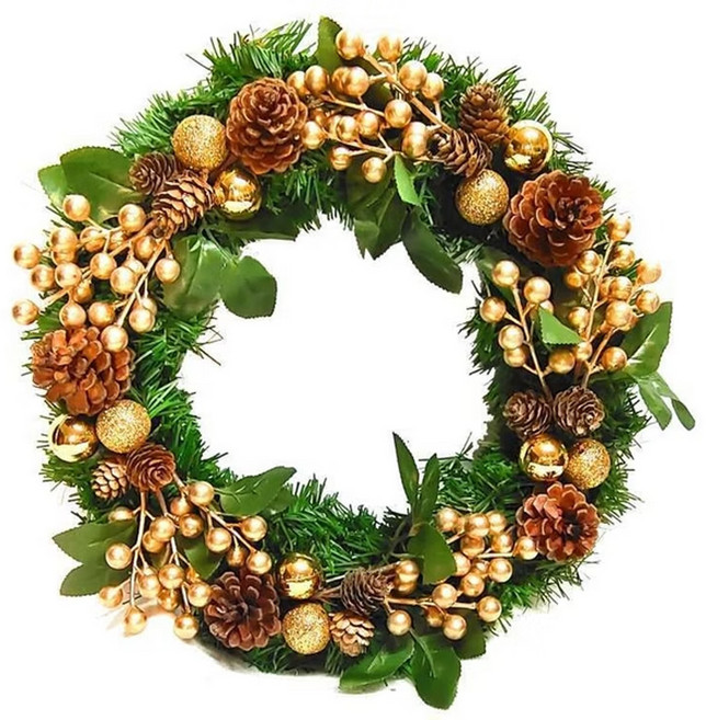 摩達客 歐風典雅 14吋大地盛宴金球果松果聖誕花圈 福臨圈, 金色 + 綠色, 1個