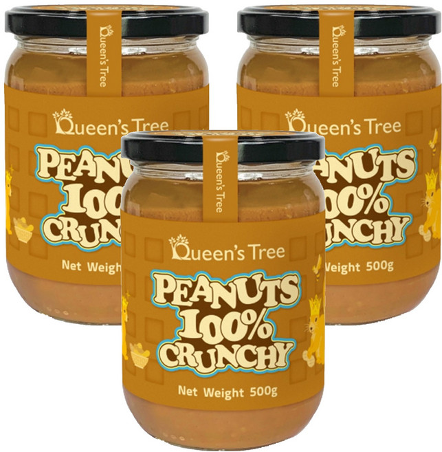 퀸즈트리 100% 땅콩 피넛버터 크런치, 500g, 3개