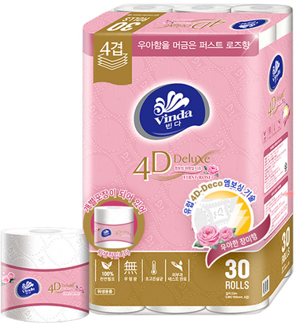 빈다 4D Deluxe 엠보싱 화장실 티슈 퍼스트로즈, 23m, 30롤, 1개