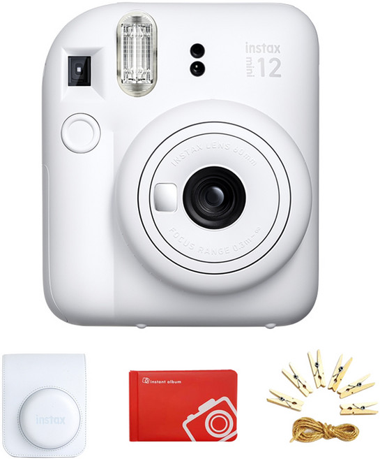 FUJIFILM 富士 instax 迷你拍立得相機 + 專用相機包 + 迷你相簿 + 照片掛繩, mini 12(黏土白), 1套