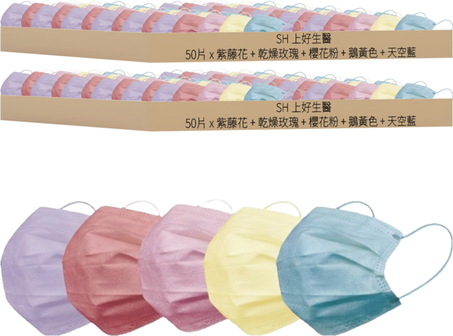 SH 上好生醫 醫療防護口罩 未滅菌, 澎澎棉花糖 紫藤花 + 乾燥玫瑰 + 櫻花粉 + 鵝黃色 + 天空藍, 50片, 2盒