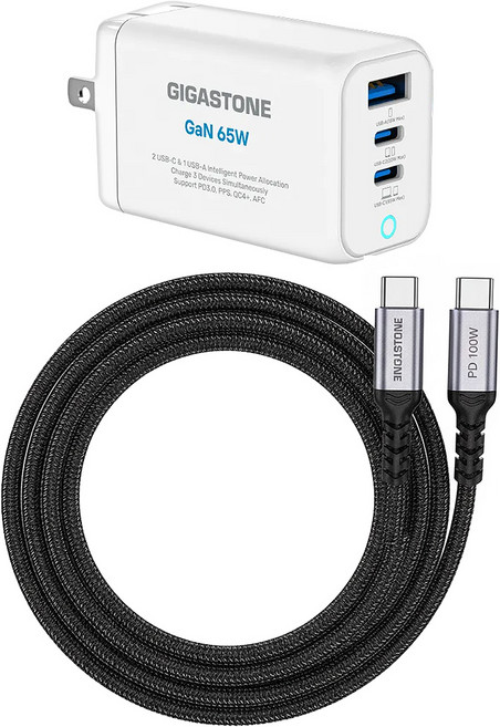 GIGASTONE 立達 GaN 65W 65W Charger and 100W Cable 3 Ports USB-C to USB-C 氮化鎵 充電器組 PD 3.0 QC 台灣BSMI 支援雙孔同時充電 白色