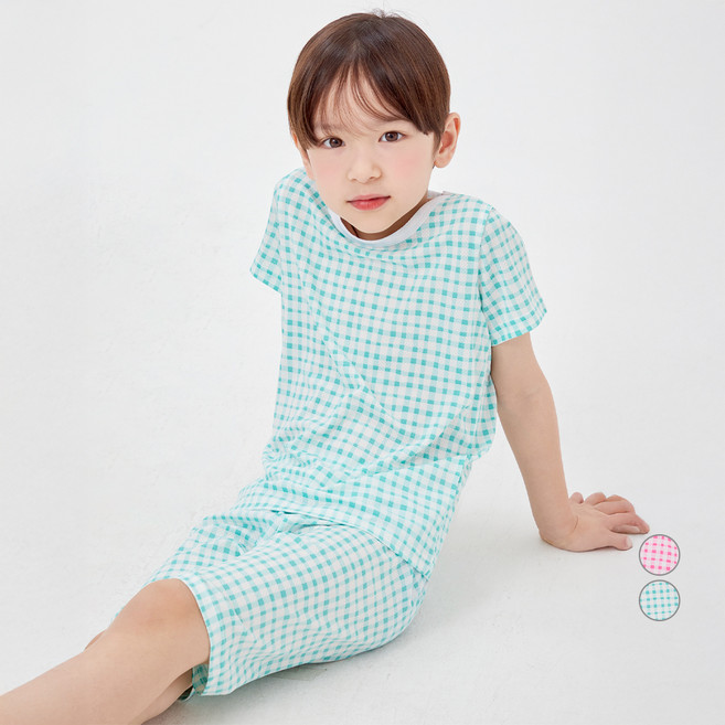 롤리트리 아동용 메쉬 스판 5부 체크 실내복 상하세트