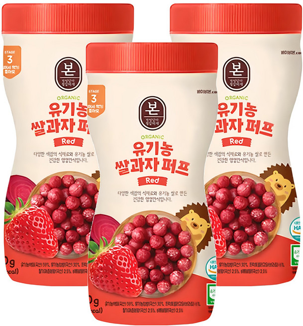 Baby Bonjuk 泡芙米餅, 草莓風味, 50g, 3瓶
