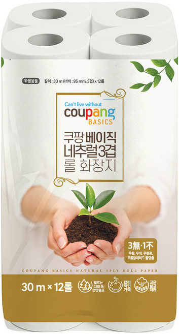 쿠팡베이직 네추럴 3겹 천연펄프 롤화장지 30m, 12개입, 1개