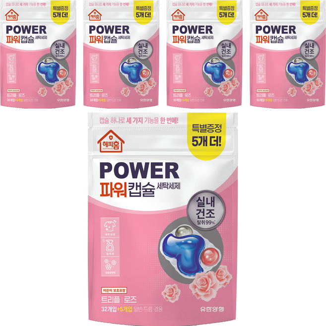 해피홈 파워캡슐 세탁세제 트리플 로즈, 37개입, 5개