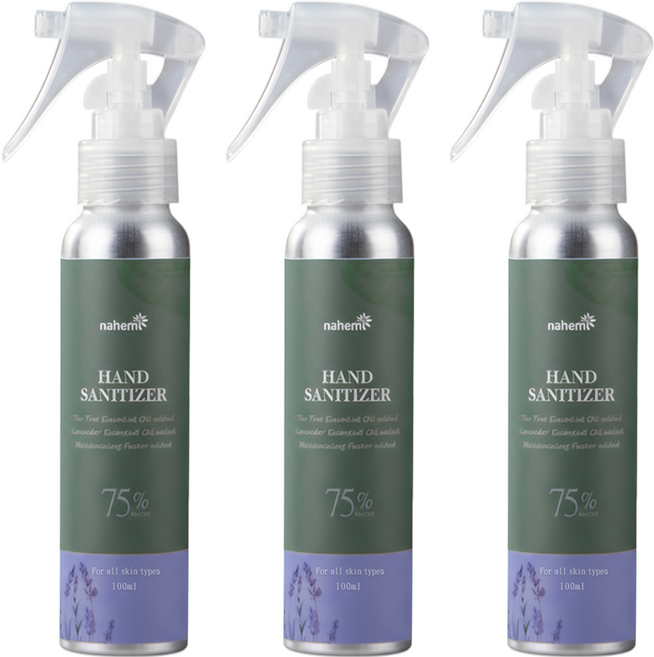 Nahemi 娜禾蜜 草本精油乾洗手噴霧 75%酒精 茶樹薰衣草精油 保濕因子, 100ml, 3瓶