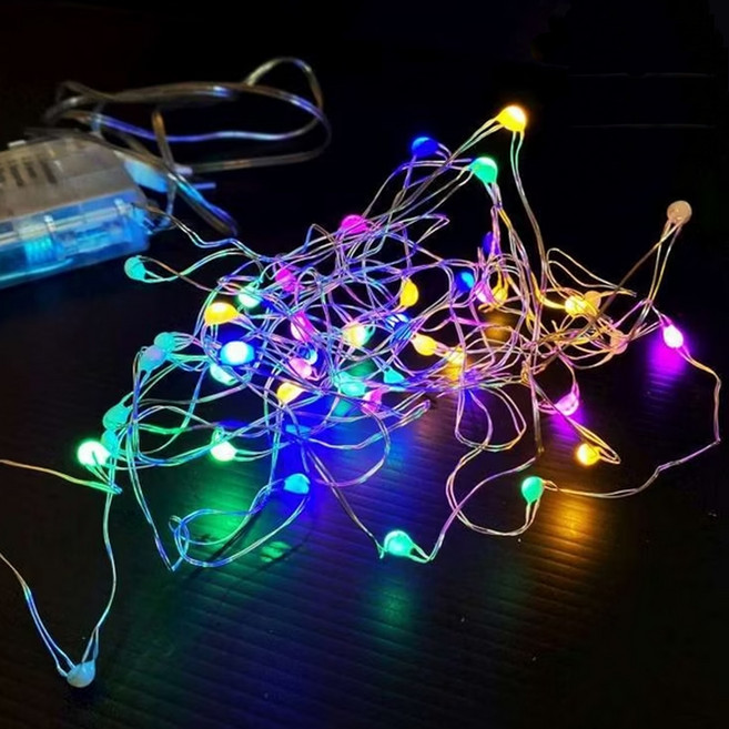 摩達客 50燈LED大頭銅線燈串彩色光 USB電池盒兩用充電 贈遙控器 浪漫星星燈聖誕燈串, 透明 + 黃色 + 綠色, 1件