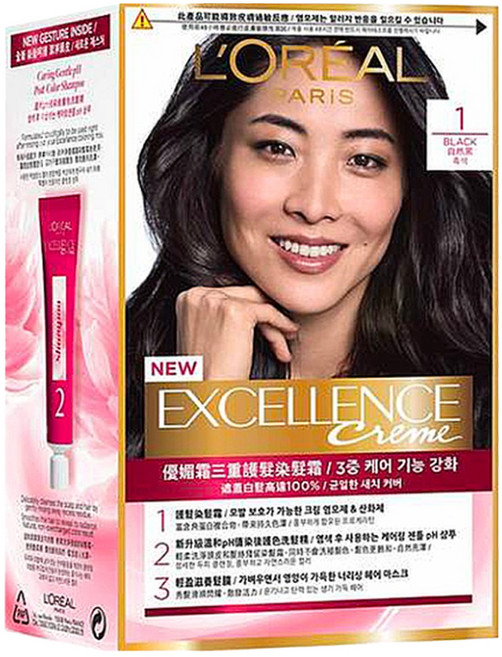 L'OREAL PARiS 巴黎萊雅 優媚霜三重護髮染髮霜 Excellence Creme 顯色敷用劑72ml+護髮染髮霜48ml+溫和PH值染後護色洗髮精12ml+輕盈滋養髮膜40ml+染髮梳+手套, 1 自然黑, 1盒