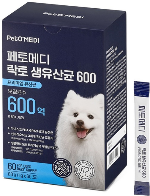 페토메디 강아지 락토 보장균 600억 영양제 60포, 60g, 장건강/유산균, 1개