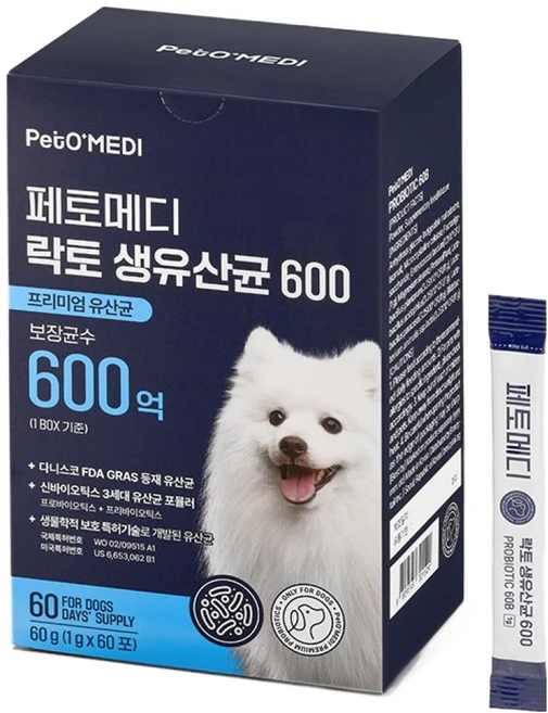 페토메디 강아지 락토 보장균 600억 영양제 60포, 60g, 장건강/유산균, 1개 - 쿠팡