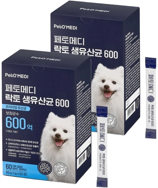 페토메디 강아지 락토 보장균 600억 영양제 60포, 60g, 장건강/유산균, 2개 - 쿠팡