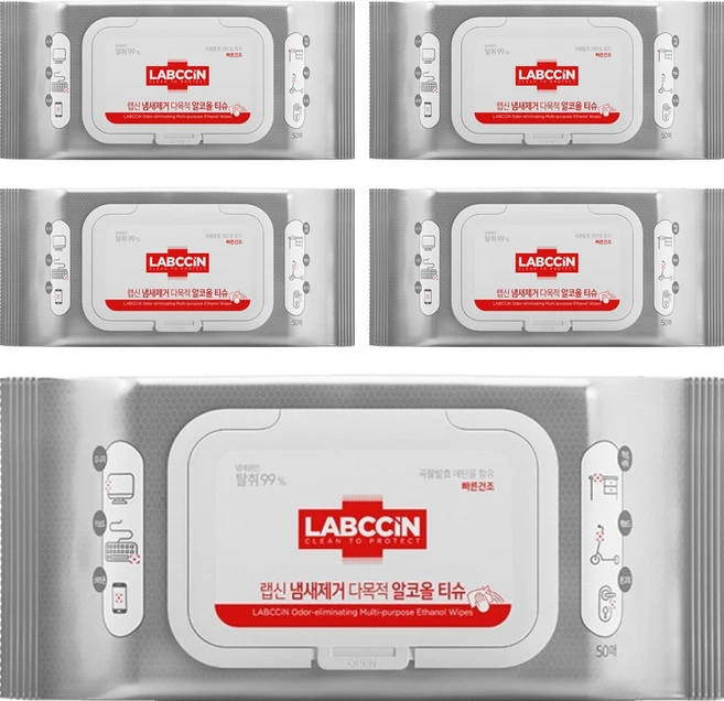 랩신 냄세제거 다목적 알코올 티슈 캡형, 45g, 50개입, 5개 - 쿠팡