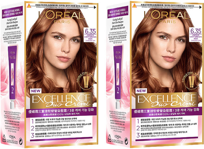 L'OREAL PARiS 巴黎萊雅 優媚霜三重護髮雙管染髮霜 輕鬆補染局部蓋白 省用量 升級養護配方, 6.35 琥珀棕, 2組