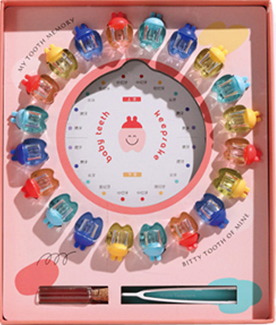 上手家居 相框牙齒收納盒 棉花 牙齒貼紙 鑷子 獨立分隔珍藏, 女生粉色