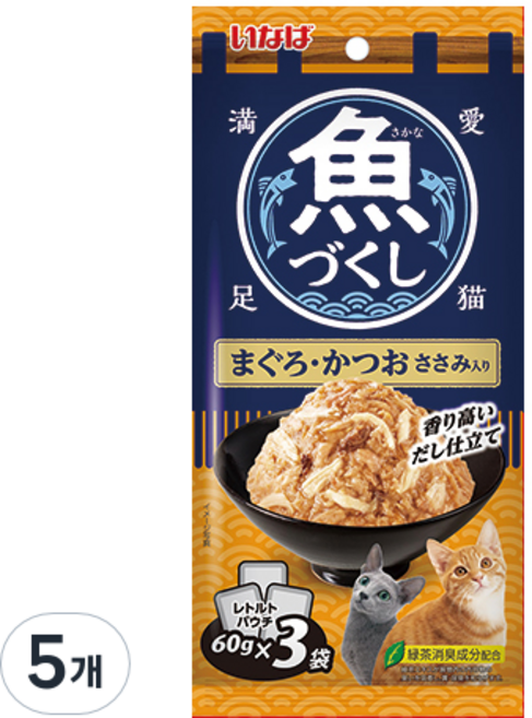 이나바 고양이 생선 가득 파우치, 혼합맛(참치/가다랑어/닭가슴살), 180g, 5개