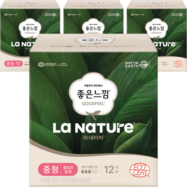 라네이처 좋은느낌 울트라슬림 생리대 날개형, 중형, 12개입, 4개