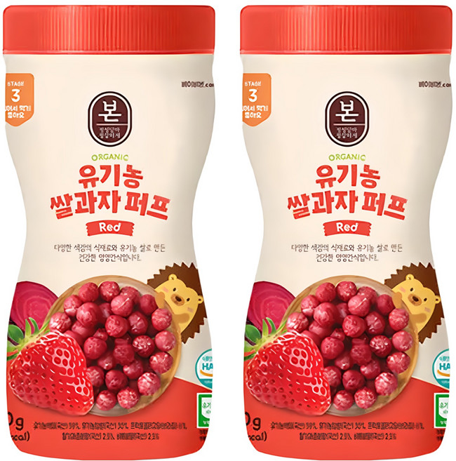 Baby Bonjuk 泡芙米餅, 草莓風味, 50g, 2瓶