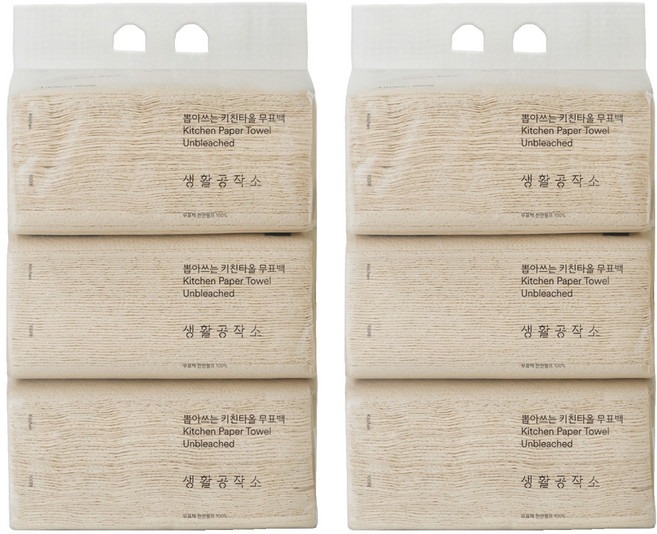 생활공작소 뽑아쓰는 무표백 천연펄프 키친타올, 100매입, 6개