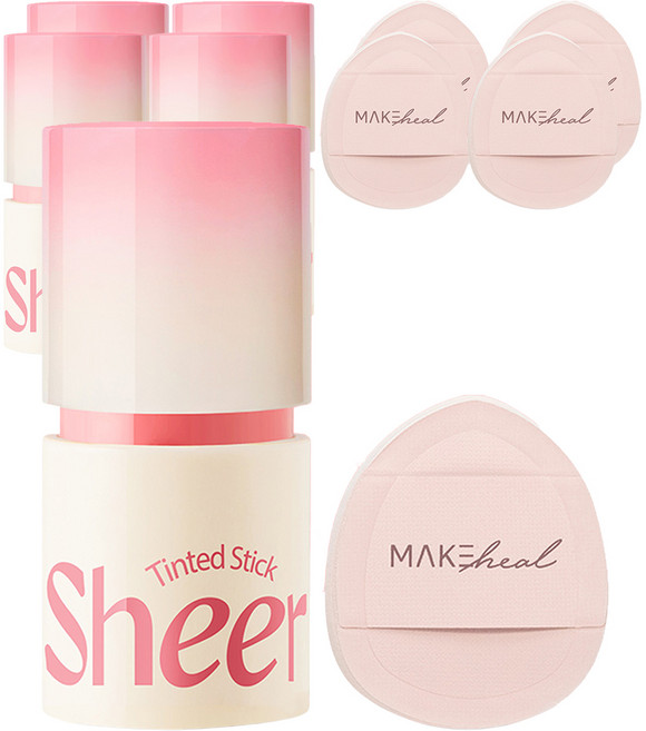 메이크힐 틴티드 쉬어 스틱 블러셔 6g + 핑거퍼프 세트, 03 쉬어 핑크 프롤리, 5개