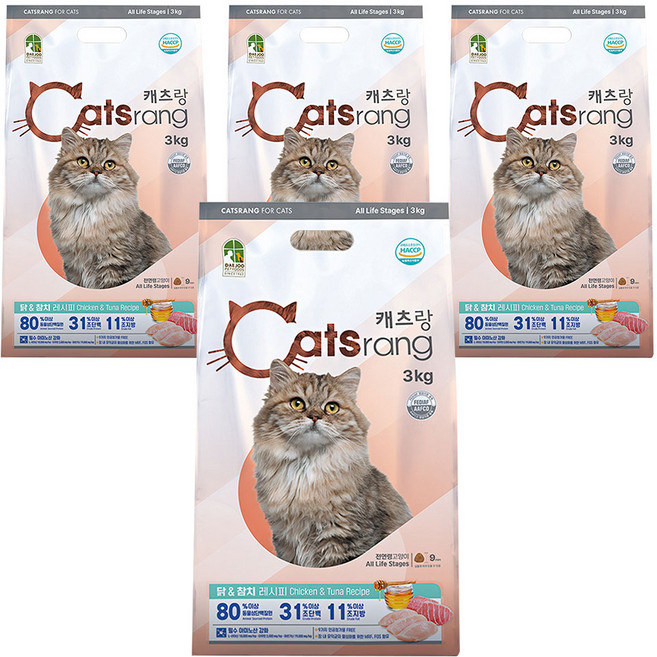 캐츠랑 전연령 고양이 건식사료, 닭+참치, 3kg, 4개