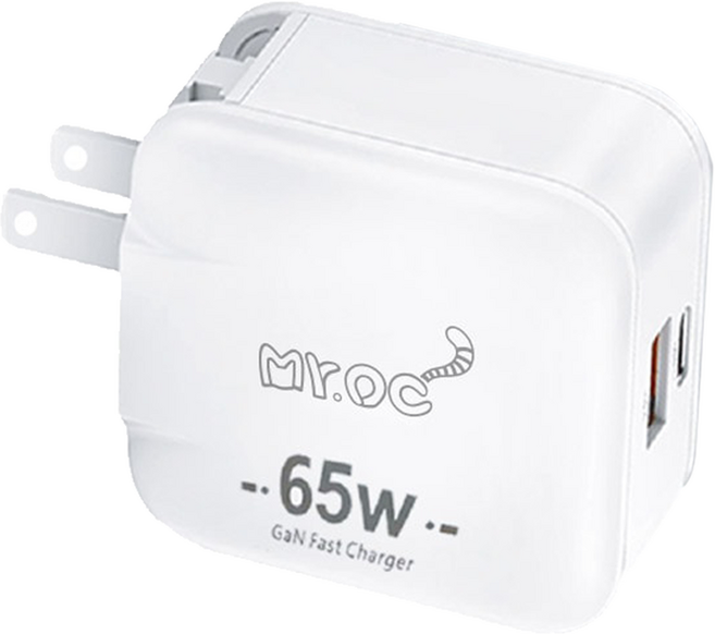 Mr.OC 橘貓先生 65W氮化鎵 Type-C + USB-A雙孔折疊快速充電器 51.6 x 51.6 x 28.5mm 97g, 白色, 1個