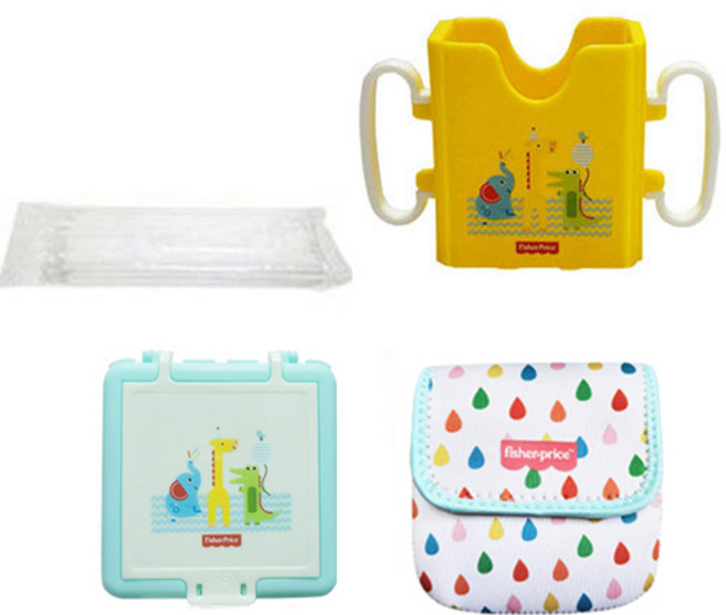 fisher-price 費雪 Flexa 可折疊雙把手飲料架+收納盒+收納包+吸管 50入, 藍色(收納盒+收納包), 1組