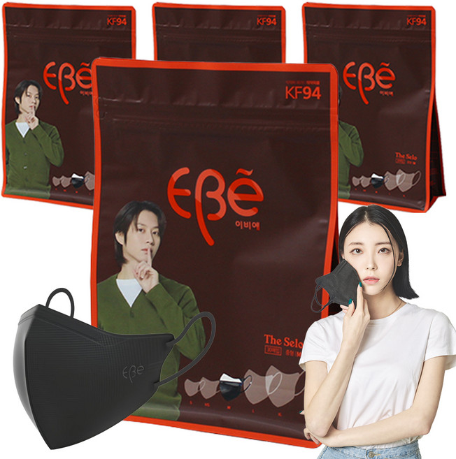 이비에 더세로 새부리형 컬러 마스크 중형 KF94 + 파우치, 블랙, 4개, 30개입
