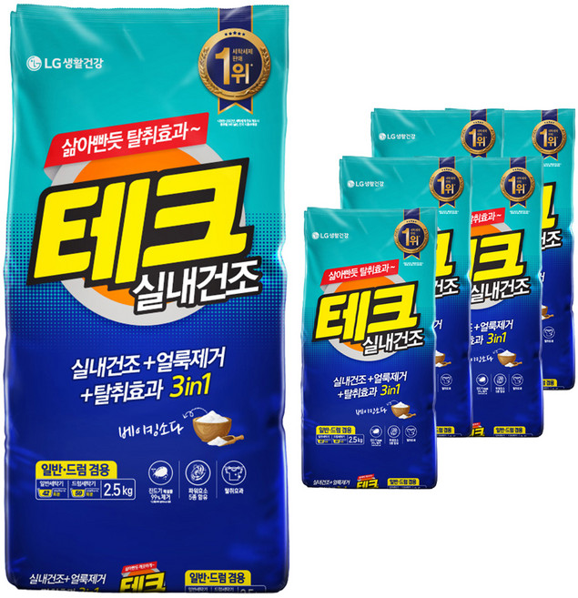 테크 3in1 실내건조 분말세제 일반드럼 겸용 리필, 2.5kg, 6개