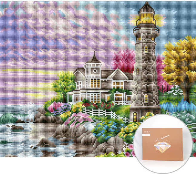 아트조이 DIY 보석 십자수 캔버스형 50 x 40 cm, 등대가있는풍경, 1세트