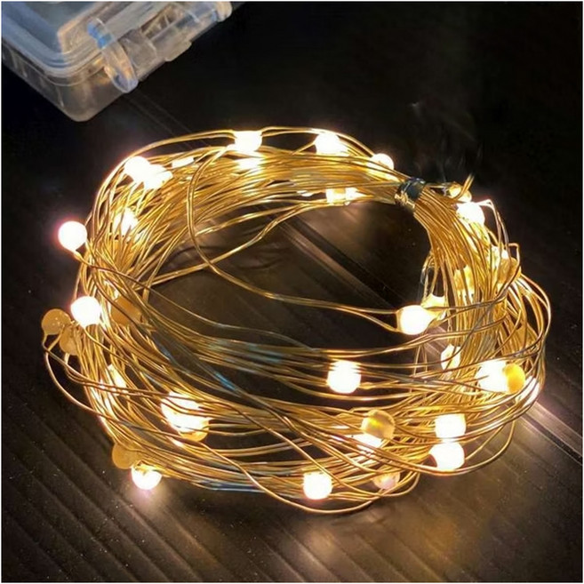 摩達客 LED大頭銅線燈串 50燈 暖白光 USB電池盒兩用充電 8種模式 5米長, 1個