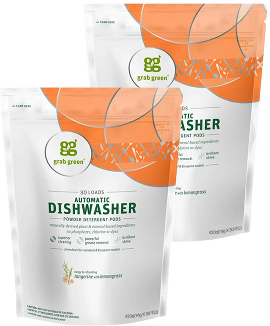 그랩그린 식기 세척기 세제 탠저린 위드 레몬글라스 30p, 420g, 2개
