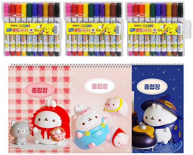 동아 미니보드마카 노랑병아리 10종 x 3p + 몰랑이두툼종합장 3p 세트, 혼합색상(보드마카), 혼합색상(종합장), 1세트
