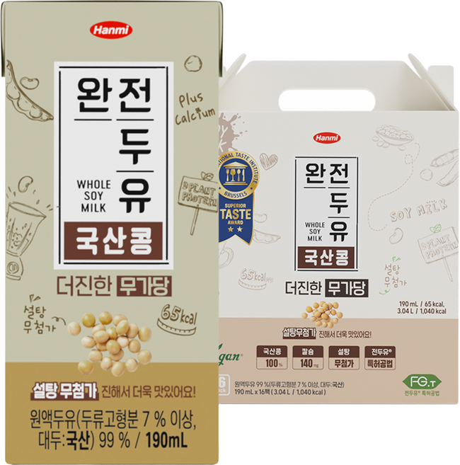 Whole Soymilk 更濃鬱韓國產豆無糖豆漿, 190ml, 16個